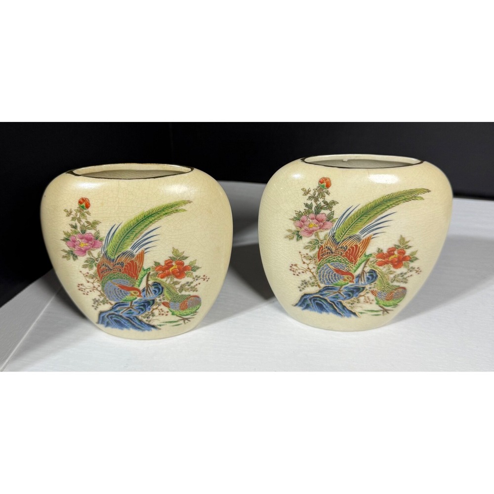 Pair VTG Atmark Hand Painted Japanese Vase Planter Pheasant Peacock Gold Accents